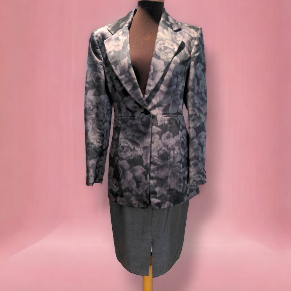 Vintage Karen Miller Dress Suite Set 2 pcs Blazer Floral Grey Lavender